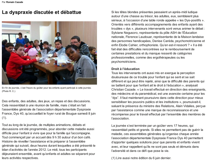 Article Sud Ouest 17/06/2013