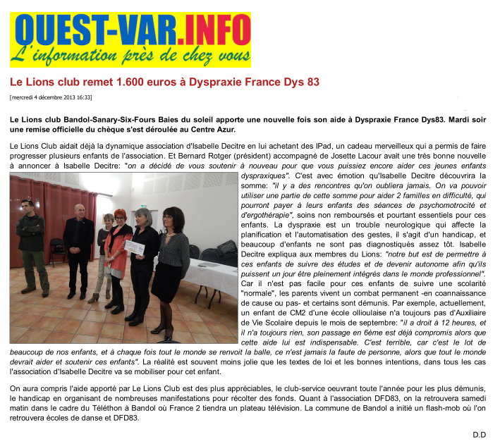 Article Ouest-Var du 4/12/2013